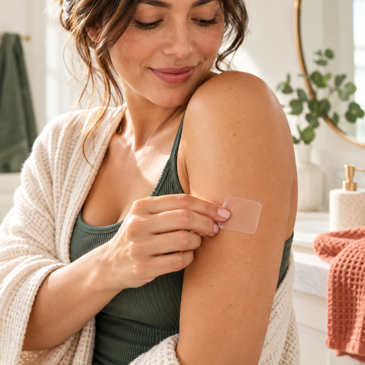 Persona adulta aplicándose un parche transparente Belvia en el brazo