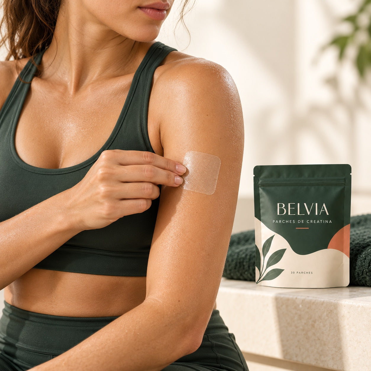 Aplicación de un parche de creatina Belvia en el brazo